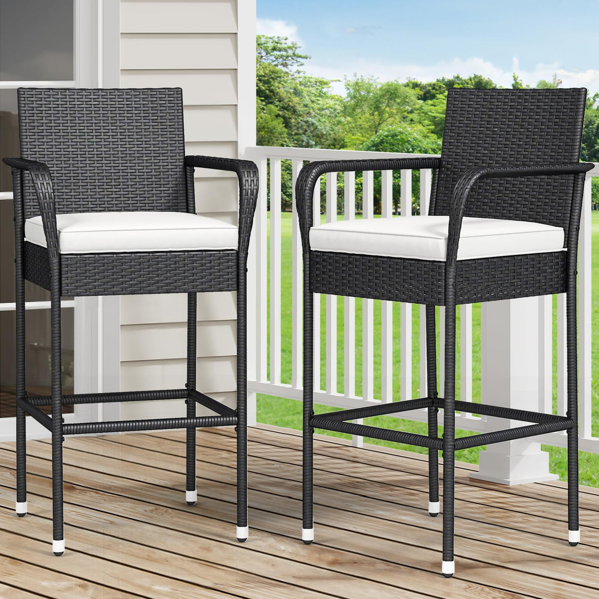 YITAHOME Outdoor Wicker Bar Stools Set of 2, Patio Wicker Counter Stools with Armrest & Backrest, Outdoor Bar Height Chairs with Soft Cushions for Backyard Pool Garden Deck, Black YITAHOME