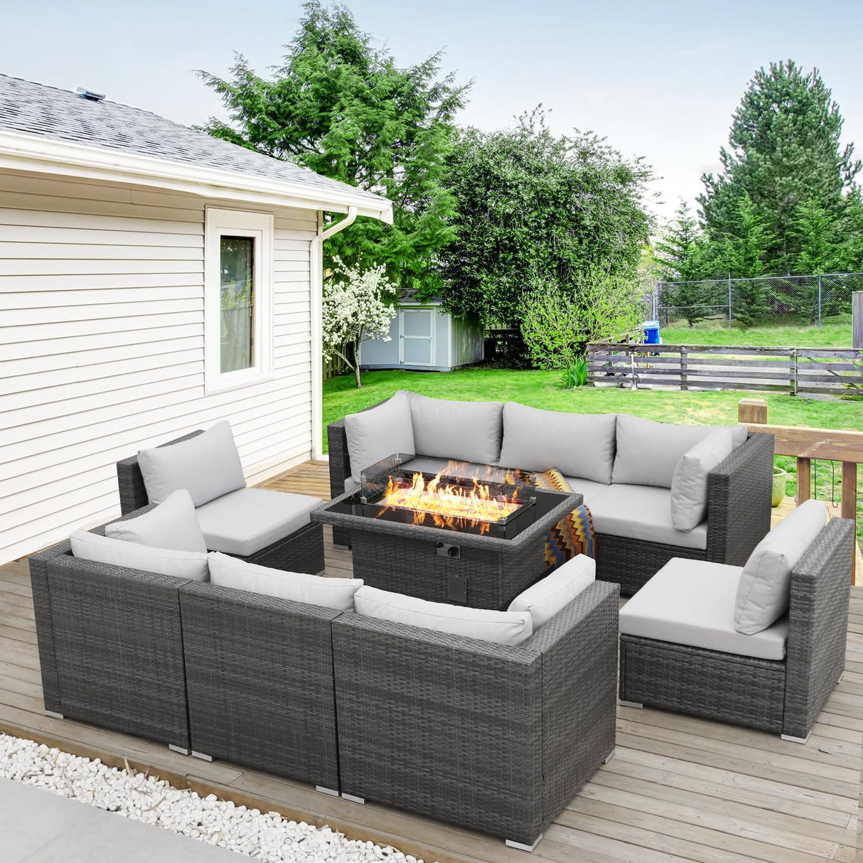 BULEXYARD 9 Piece High Back Outdoor Sectional Seating with Fire Pit Table, Heavy Duty Sturdy Wicker Patio Set Conversation Couch Sofa, Extra Wide Deep Large 8-Person Deck Furniture Set, Light Grey BULEXYARD
