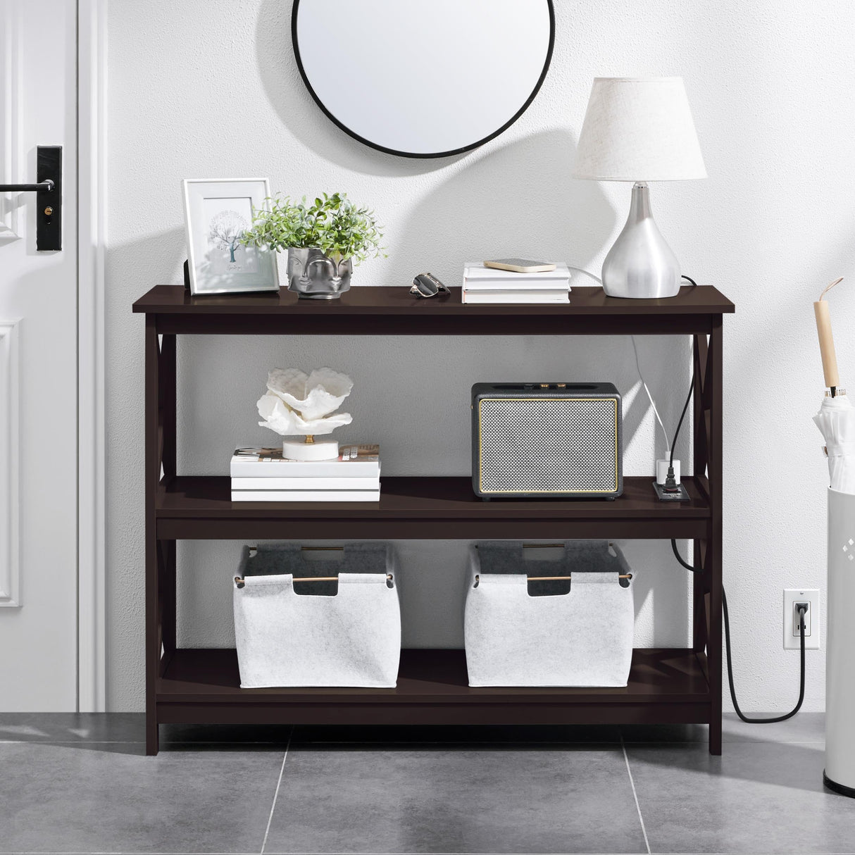 Yaheetech Console Table with Power Outlet, 3 Tier Narrow Sofa Couch Table with Storage Shelves, Wood Entryway Table Side Table for Living Room, Hallway, Entrance, Bedroom, Espresso Yaheetech