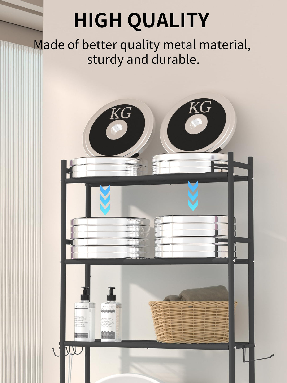 GloTika 3-Tier Over The Toilet Storage, Space Saver Metal Bathroom Shelves, Freestanding Above Over Toilet Storage Shelf with 4 Hooks for Bathroom, Black GloTika