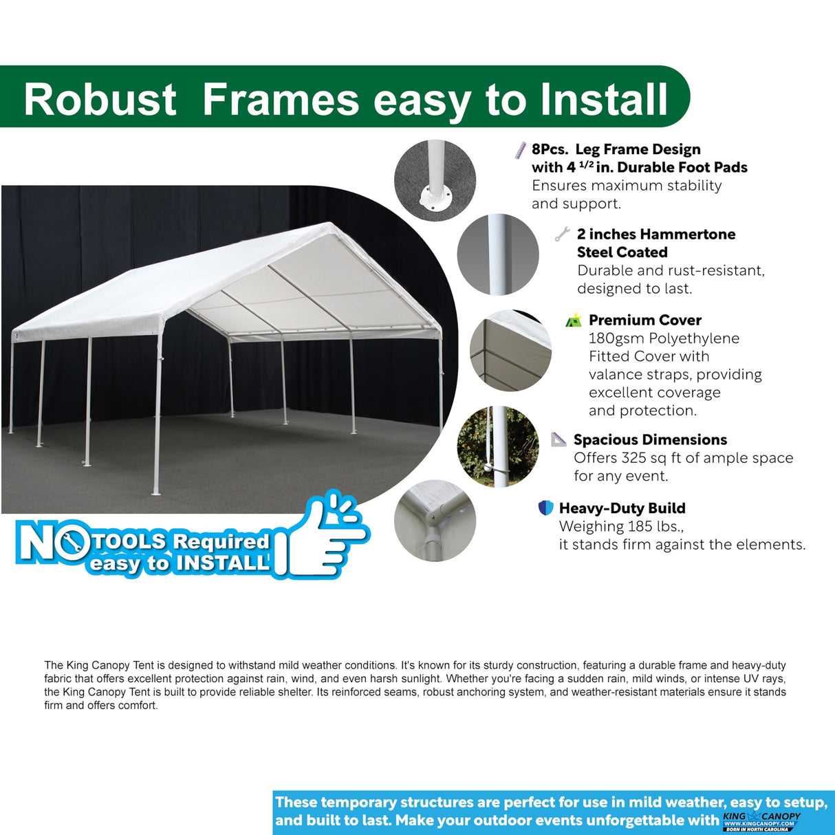 King Canopy Hercules 18-Feet by 20-Feet, 2-Inch Hammertone Steel Frame w/Buttons, 8-Leg, Carport, White King Canopy
