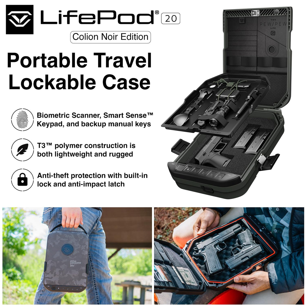 VAULTEK LifePod 20 Full-Size Biometric Lockable Weatherproof Case with Built-in Lock, Steel Security Cable, & TSA Handgun Case or Car Safe, Portable Travel Pistol Safe/Colion Noir Edition VAULTEK