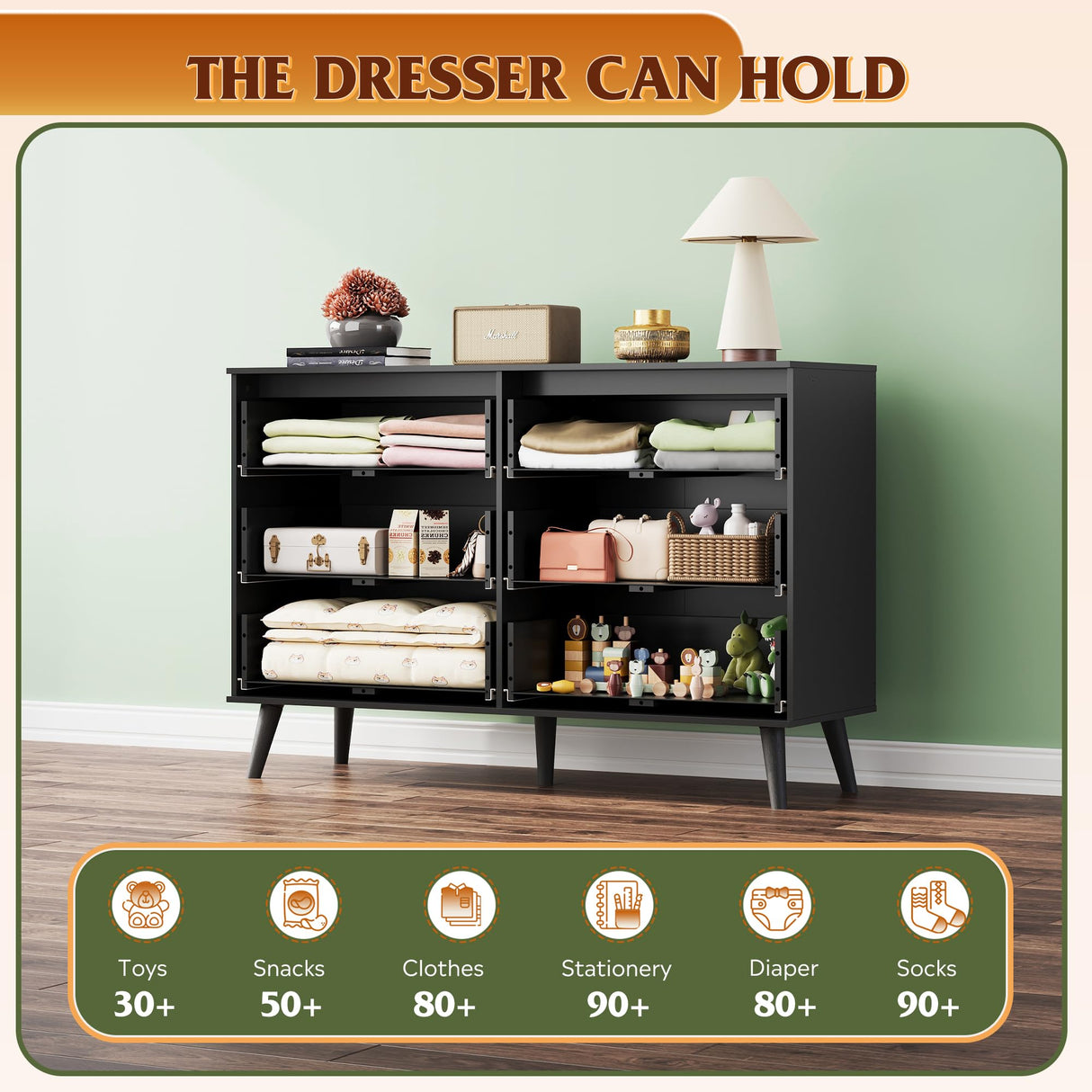 WLIVE Black Dresser for Bedroom, 47.24'' Wide 6 Drawer Wood Dresser Storage Organizer with Sturdy Metal Handle, TV Stand for 55 inch TV, Chest of Drawers for Living Room, Hallway, Closet WLIVE