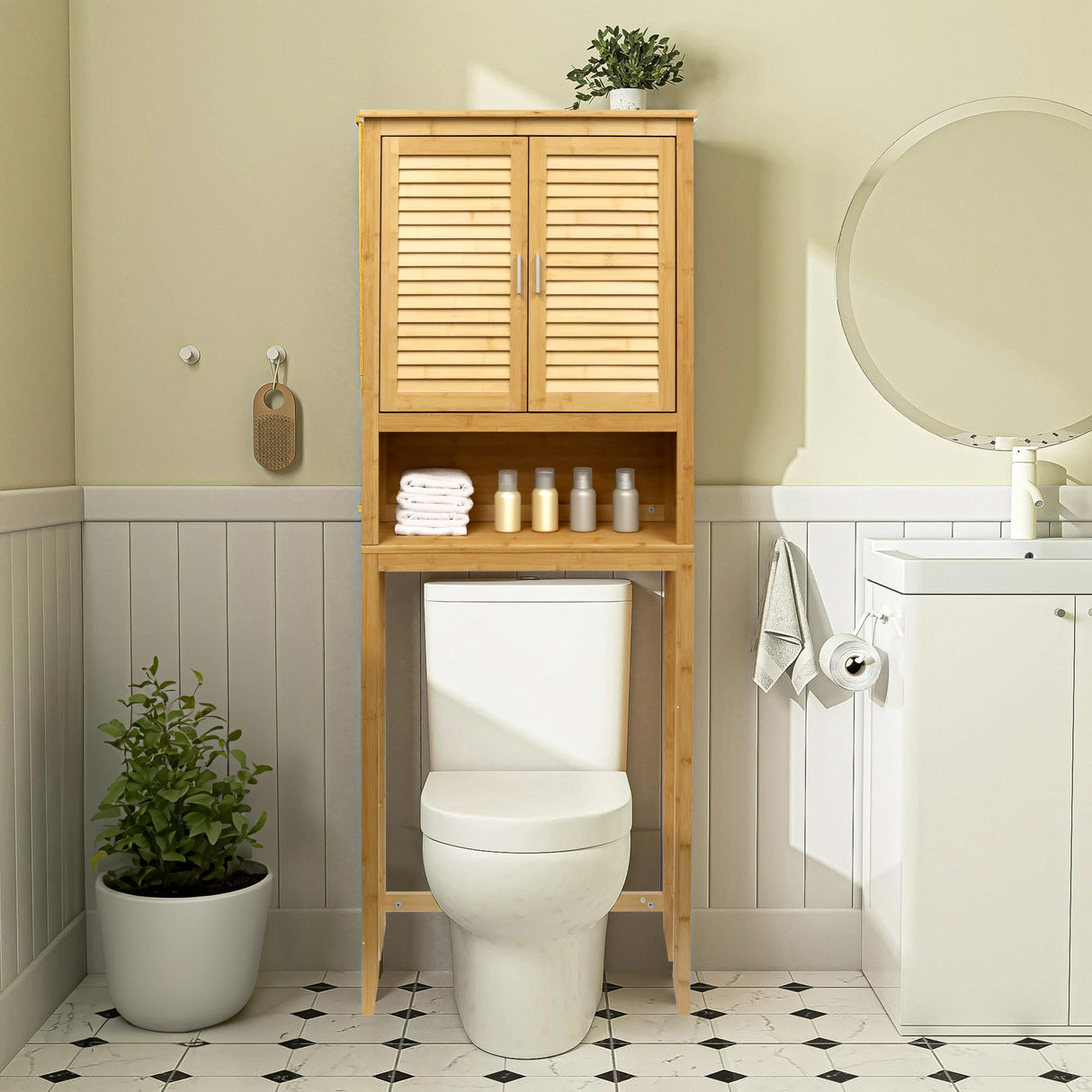 RoyalHouse Bamboo Over The Toilet Storage Cabinet with Bottom Shelf, Free Standing Storage Cabinet, Perfect Bathroom Space Saver with Double Door Organizer RoyalHouse