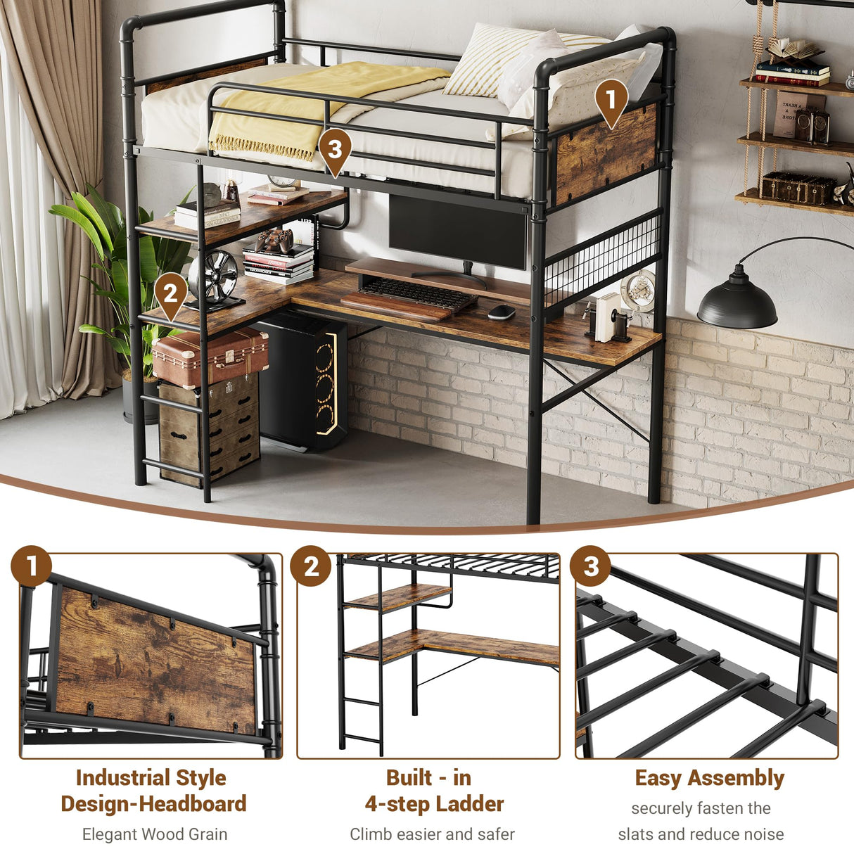 IDEALHOUSE Loft Bed Twin Size with l-Shaped Desk, Metal Bunk Bed with 2 Open Shelves and Decorative Mesh, Twin Loft Bed with 13.4" h Safety Guard & Ladder,No Box Spring Needed,Brown IDEALHOUSE