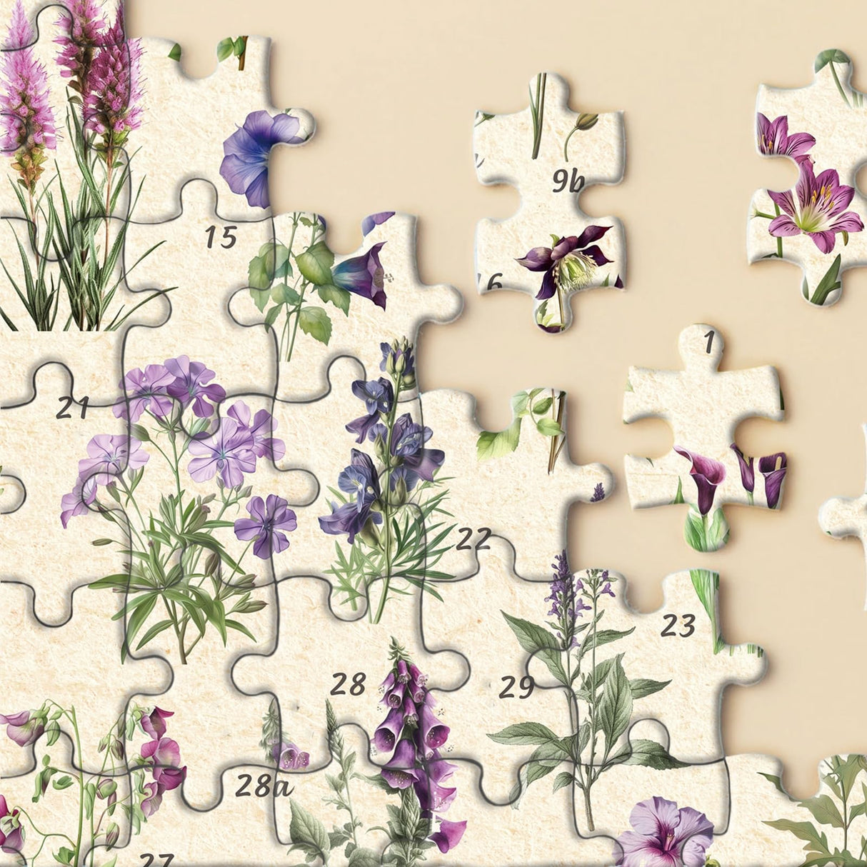 Vintage Purple Flower Puzzle for Adults, Botanical Purple Flower Plant Puzzles 1000 Pieces, Nature Garden Floral Jigsaw Puzzle BBOLDIN