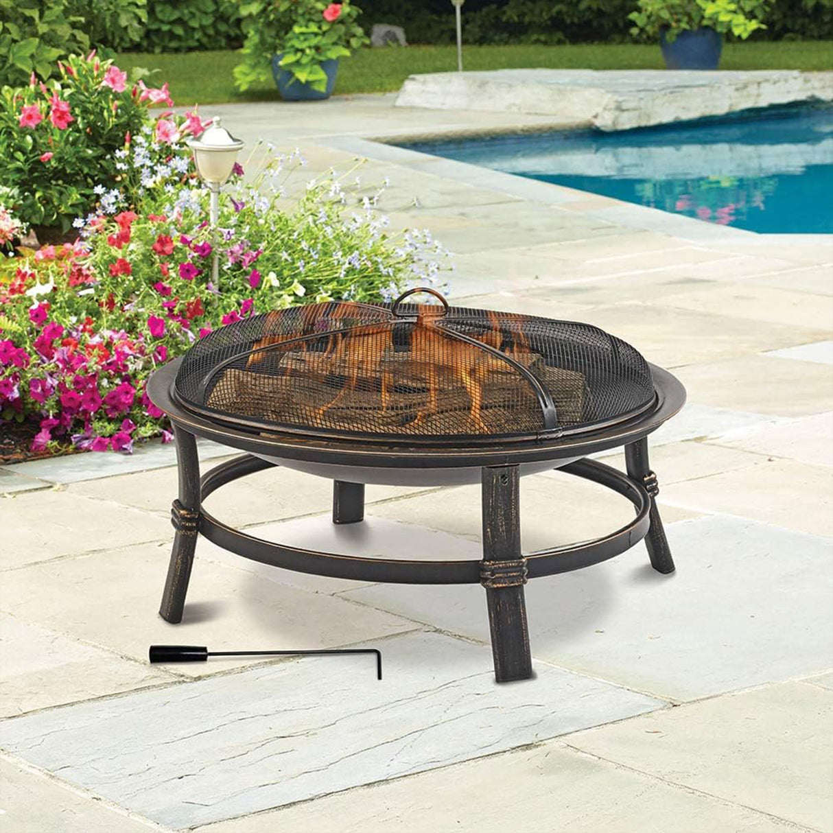 Mr. Bar-B-Q 29 Inch Wood Burning Steel Fire Pit Bowl Outdoor Bonfire Fireplace with Spark Screen and Poker for Deck, Patio, and Backyard Porch, Black Endless Summer