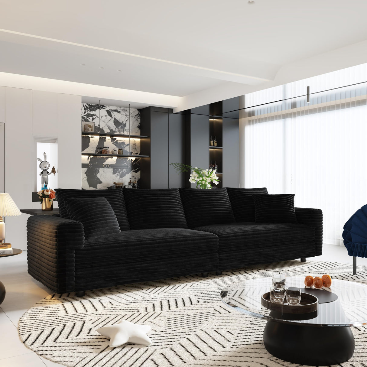 Tabaray 102.4" Oversized Cloud Couch, Convertible 4 Deep Seat Foam Sofa Couch, 2 in 1 Plush Corduroy Sofa with 6 Soft Pillows, Modern Modular Sectional Couches for Living Room, Apartment, Black Tabaray