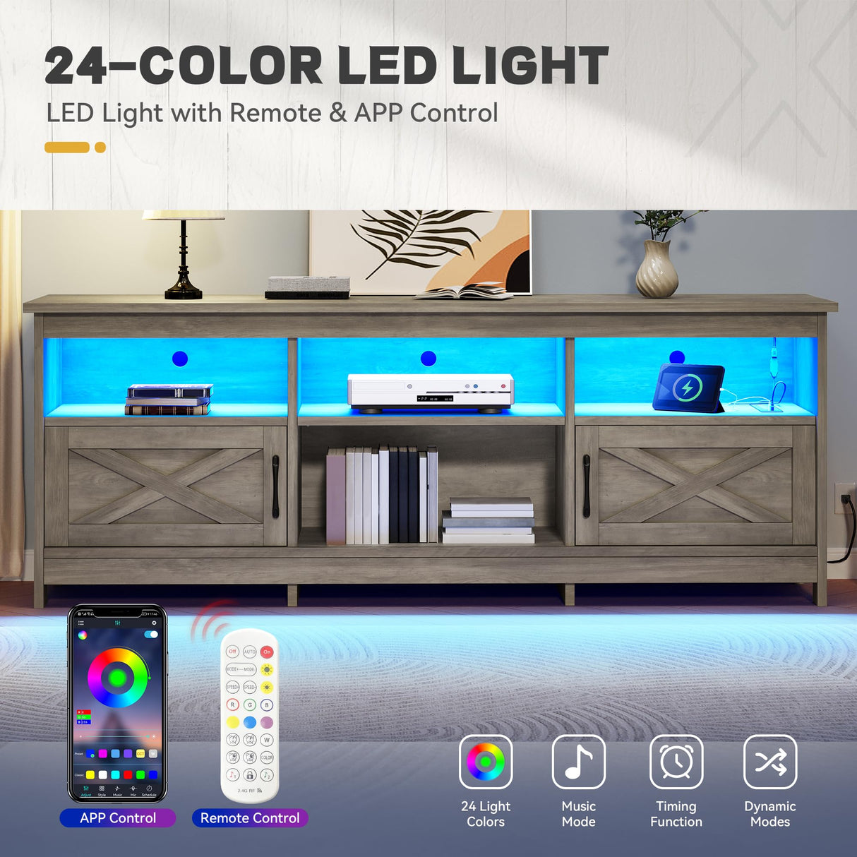 YITAHOME TV Stand for 80/75/70 Inch TVs, Farmhouse Entertainment Center with LED Lights & Storage Cabinets, Open Shelves & Adjustable Shelf, TV Consoles for Living Room, Washed Gray YITAHOME