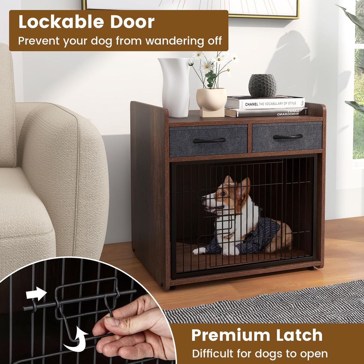 Giantex Dog Crate Furniture - Wooden Dog Cage End Table with 2 Storage Drawers, Latched Door, Pet House Dog Kennel Indoor for Small Dogs, Furniture-Style Dog Crate Side Table, Brown Giantex