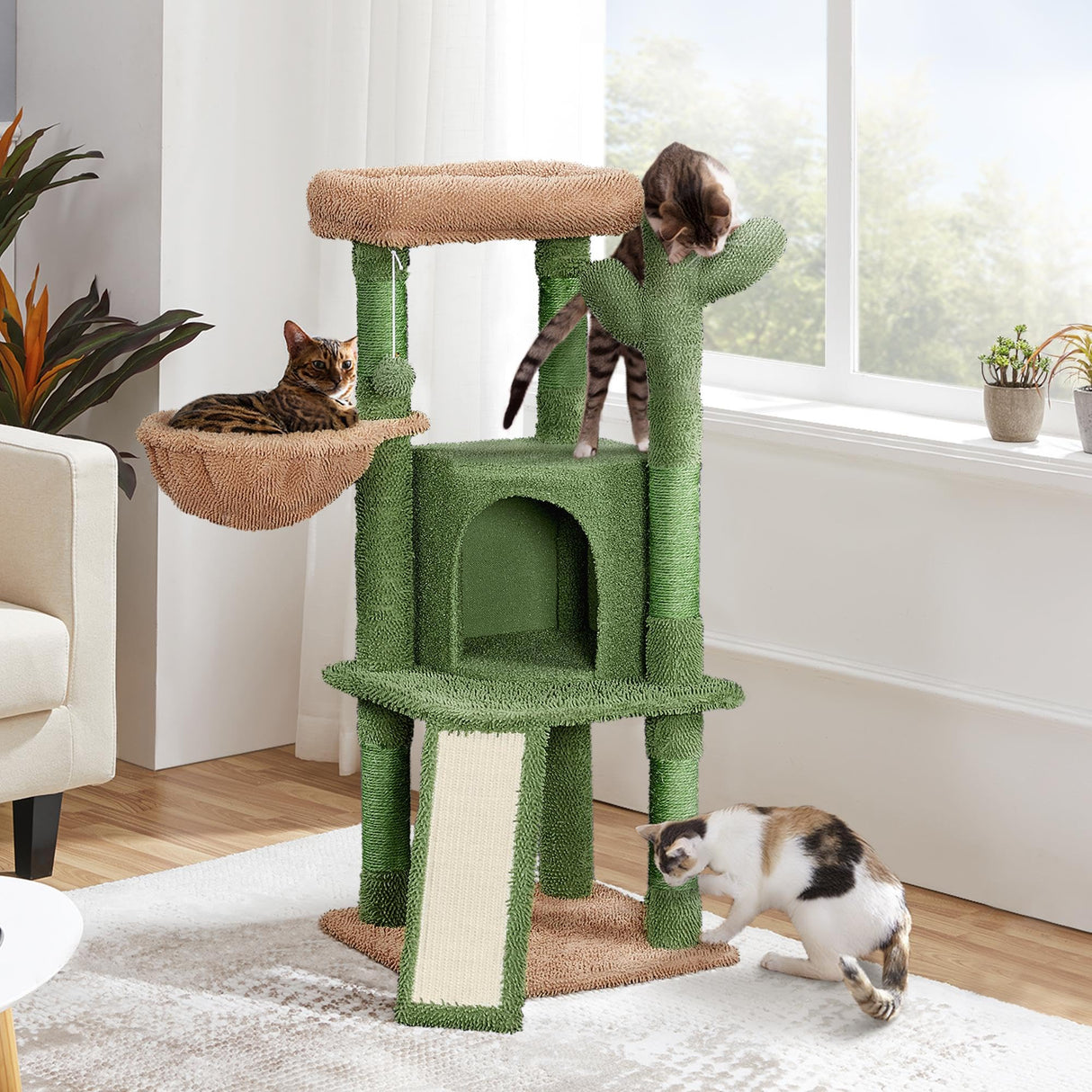 Yaheetech Cactus Cat Tree, 42in Cat Tower for Indoor Cats, Multi Level Cat Condo Scratching Post, Cat Activity Center Pet Furniture w/Ball, Plush Perch, Platform, Basket Yaheetech