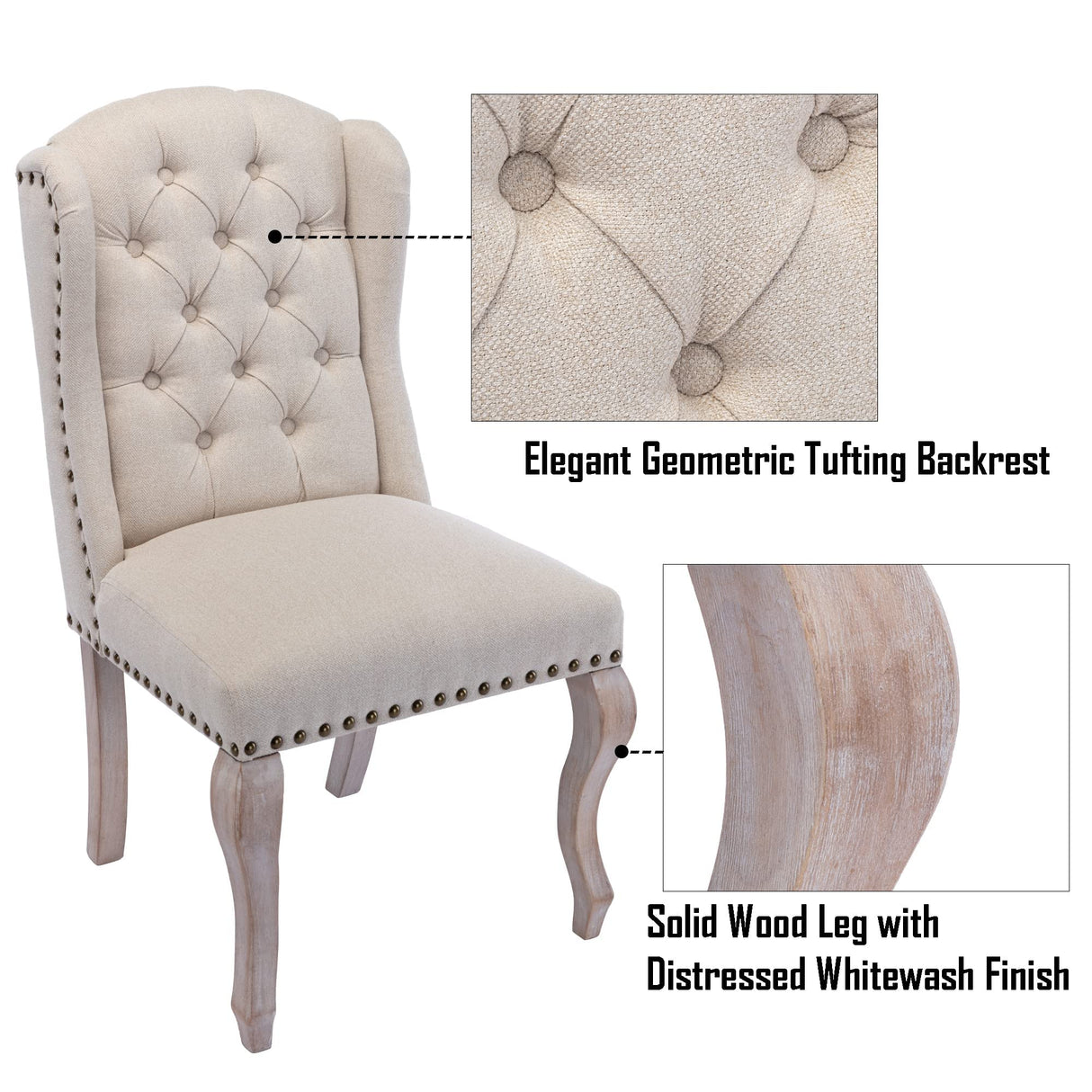 DM Furniture Parsons Dining Chairs Set of 2 Farmhouse Solid Wood Accent Chairs Linen Fabric Host Side Kitchen Chair with Tufted Wingback for Dining Room/Living Room/Bedroom,Cream DM Furniture