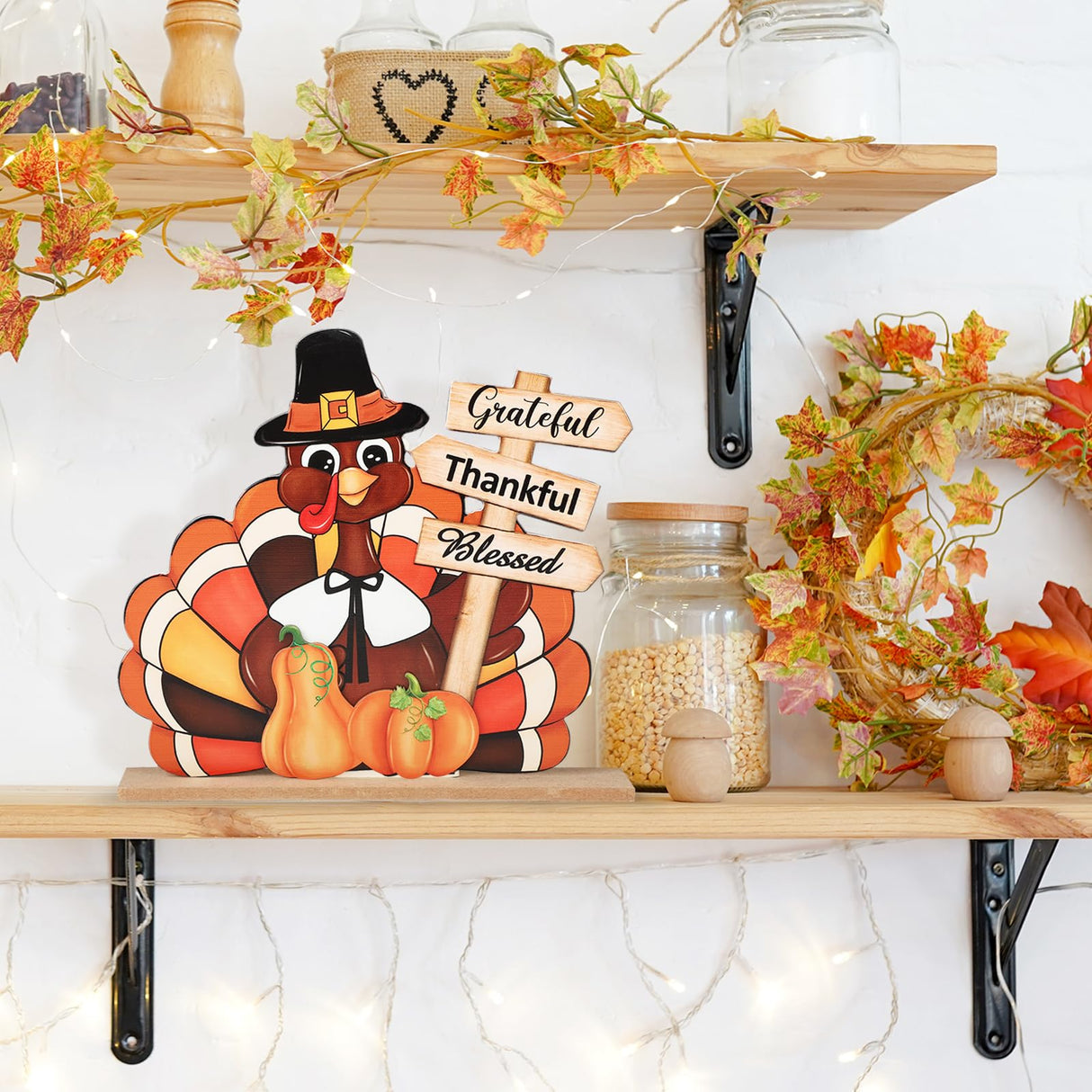Thanksgiving Decorations Wooden Turkey Table Sign Pumpkin Autumn Table Centerpieces Standing Tabletop Happy Thanksgiving for Holiday Fall Harvest Home Room Table Shelf Farmhouse Decorations Grateful Sophena