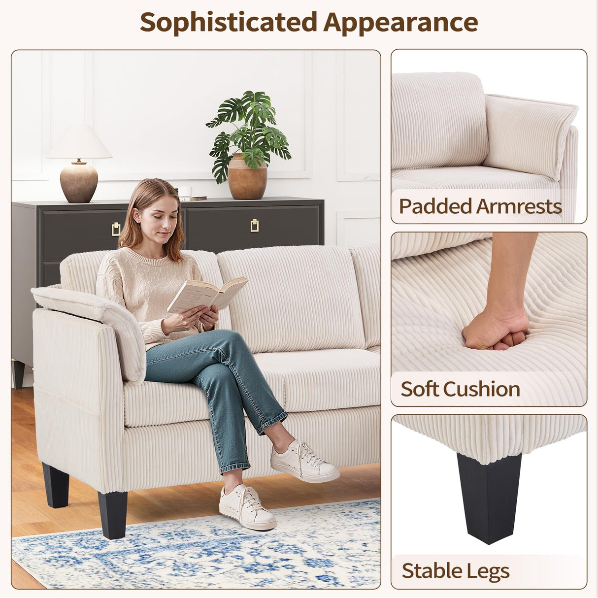 HAOMARKETS Modern Convertible L Shaped Sofa with Storage Ottoman,3-Seater Corduroy Fabric Couch with Reversible Chaise Lounge, Sectional Couches for Small Spaces, Living Room, Apartment, Beige HAOMARKETS