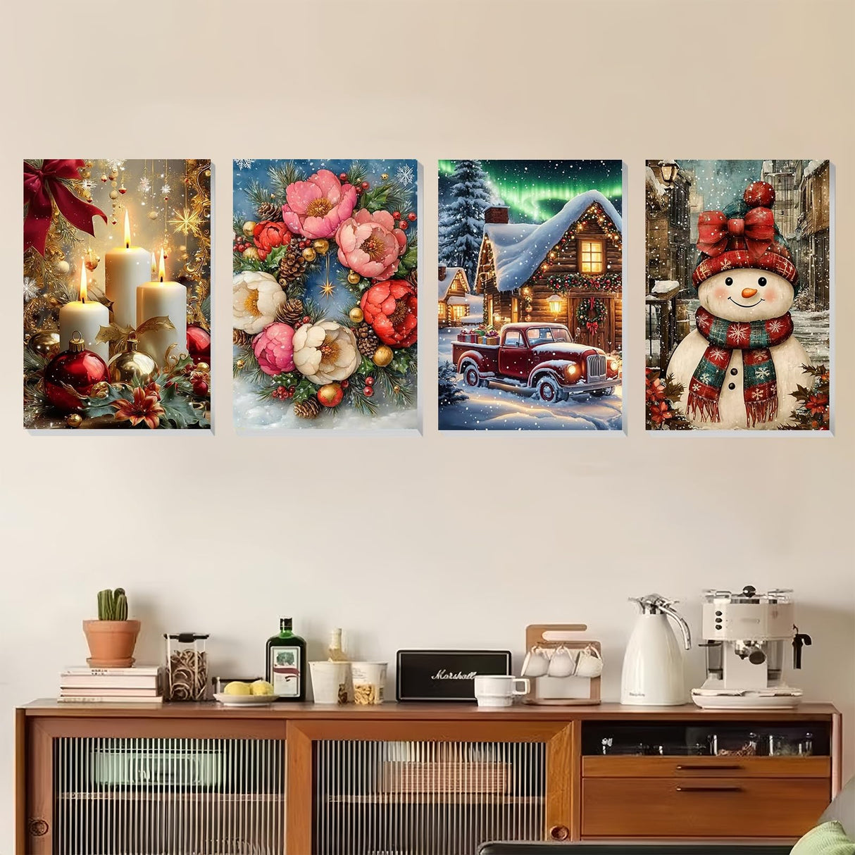 XTCIXAL 4 Pack Paint by Numbers Kit for Adults with Framed and Easel, Christmas Paint by Number Kits, Candles Snowman Truck Wreath Acrylic Oil Painting for Home Wall Decor (8x12 Inch) XTCIXAL