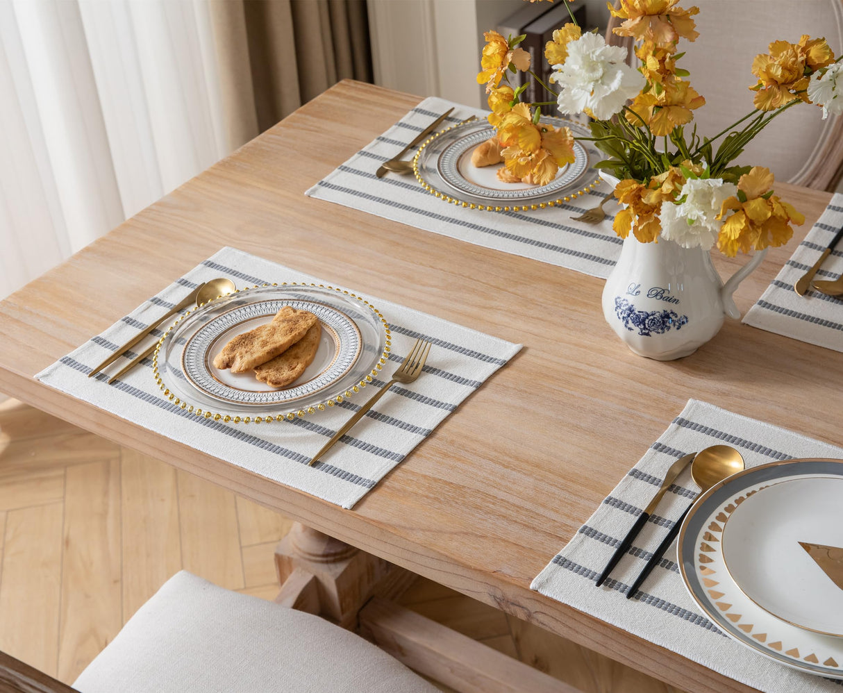 Caflife Boho Farmhouse Placemats Set of 6, Grey Stripes Cotton Linen Woven Table Mats for Modern Dining Table, 13x19 Inch Rustic Kitchen Decor Place Mats Caflife