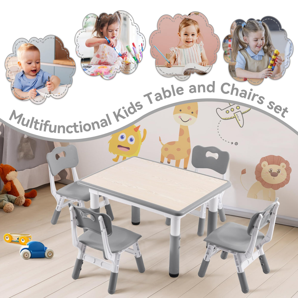 GITAWUSA Kids Study Table and Chairs Set, Height Adjustable Toddler Table and Chair Set for Kids Ages 3-8, 31.5" L x 23.6" W Graffiti Desktop Plastic Children Art Table with 4 Seats, Grey GITAWUSA