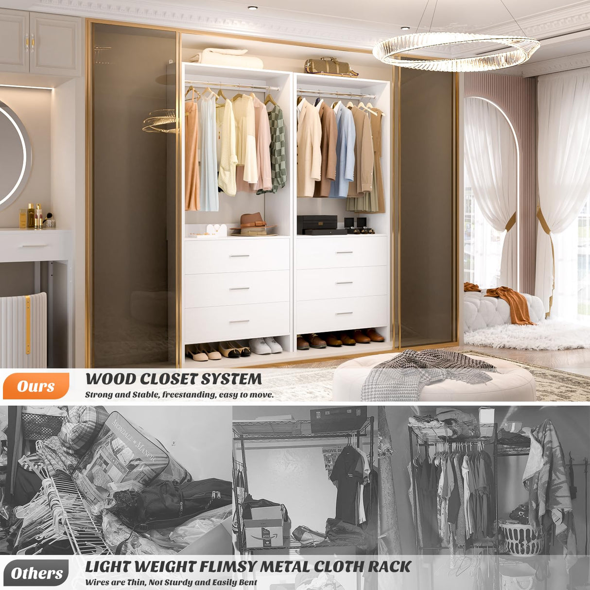 Aheaplus 2FT Closet System with 3 Drawers, 24’’ Closet Organizer, Wood Closet Organizer System, Walk-in Closet or Small Closets Wardrobe, Clothes Rack with Hanging Rods,-E6, White Aheaplus