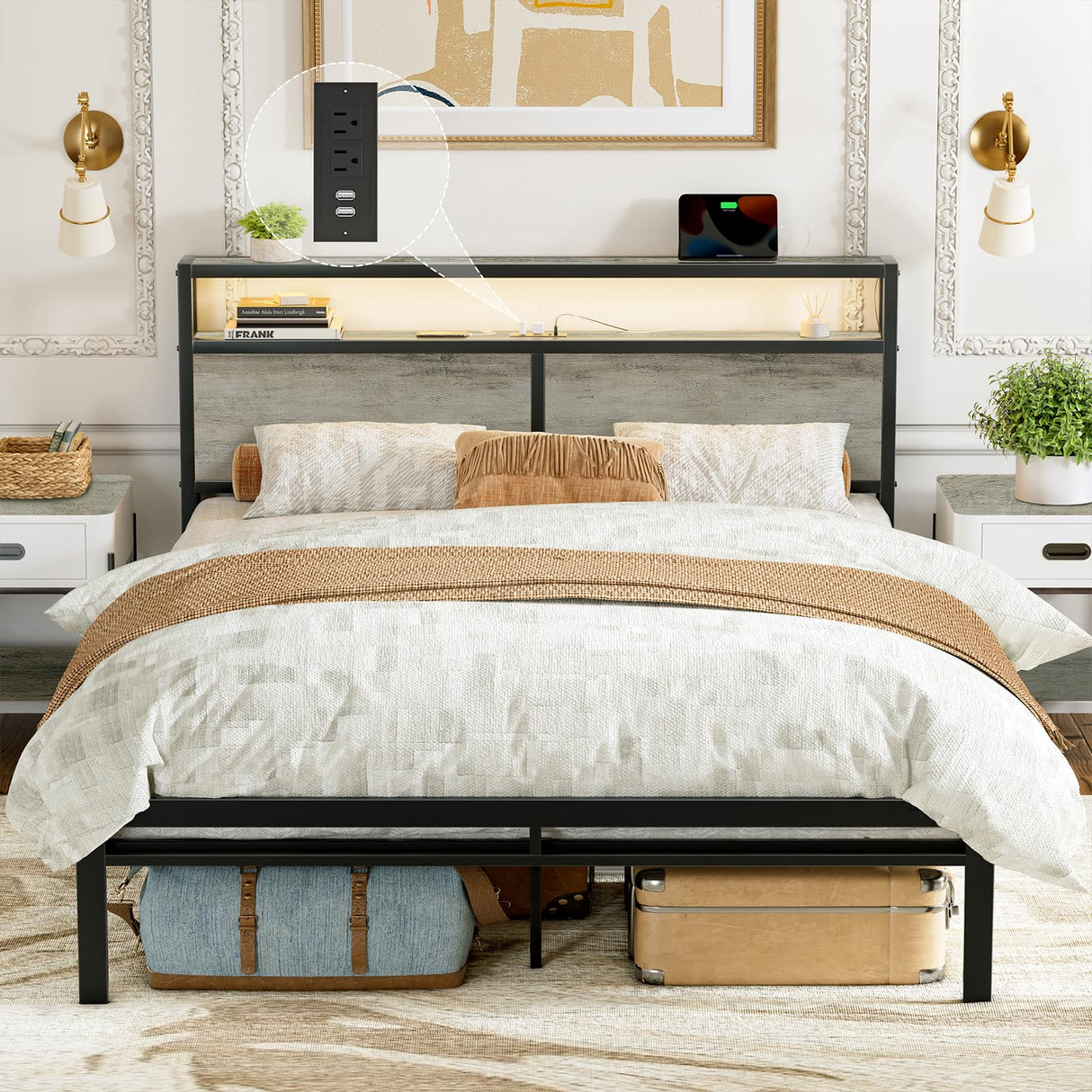 HAUSOURCE Full Bed Frame with Storage Headboard Metal Platform Bed with LED Lights, USB Ports Outlets, Non-Slip, Noise-Free, Strong Metal Slats Support No Box Spring Needed HAUSOURCE
