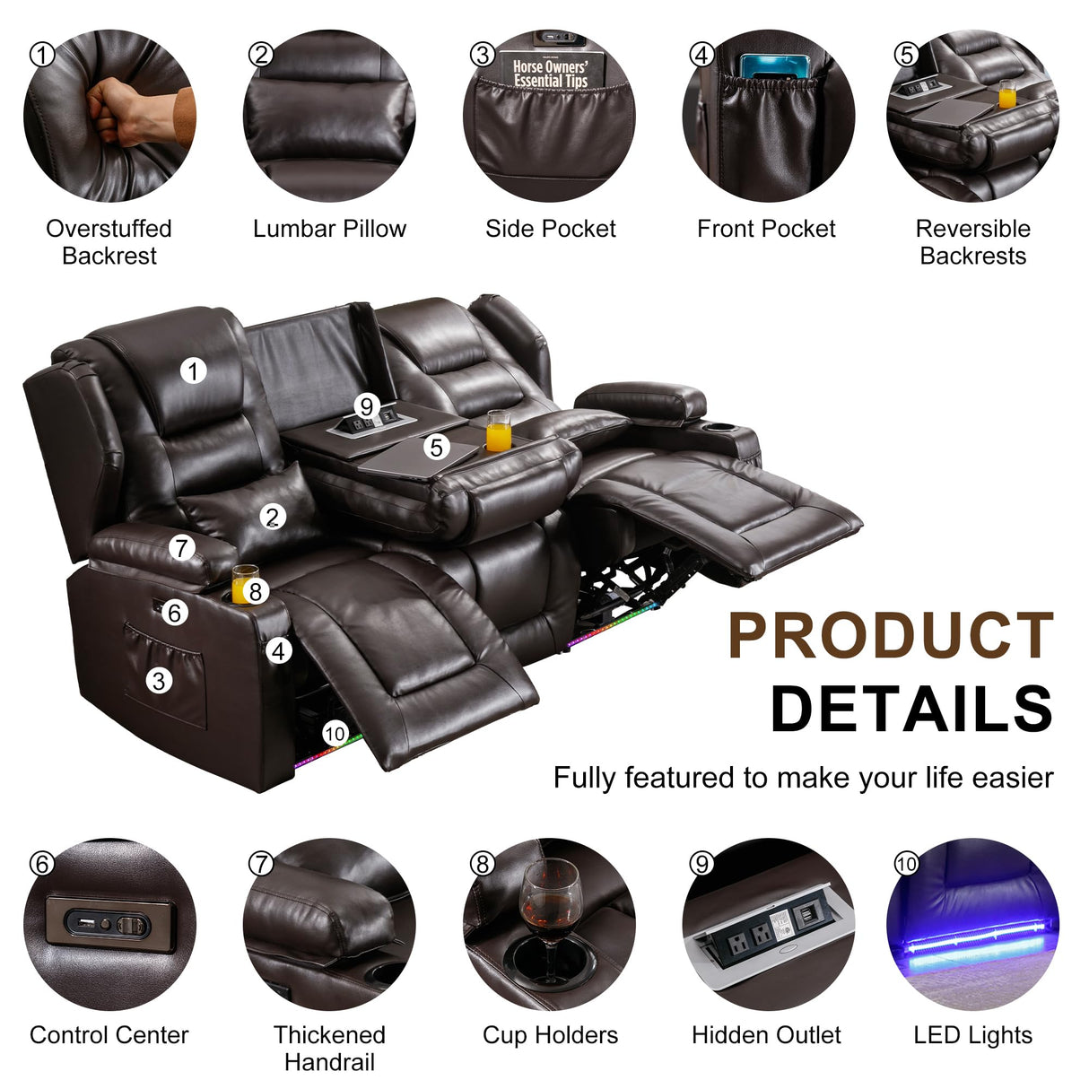 DRMBOOK RV Power Loveseat Recliner Sofa, Faux Leather 3-Seater Wall Hugger Reclining Sofa, Home Theater Seating Chair with Cup Holders, 3 Person Couch RV Furniture for Living Room, Brown DRMBOOK
