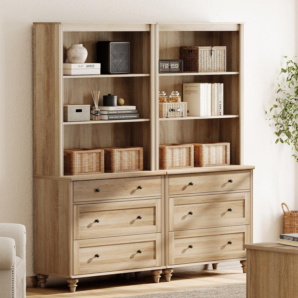 WAMPAT 3 Tier Bookshelf with 3 Drawers, 72" Tall Bookcase Large Farmhouse Display Book Case Shelf with 3-Tier Open Book Shelfs,Library Wood Bookshelves for Living Room,Kitchen, Oak(2PCS) WAMPAT