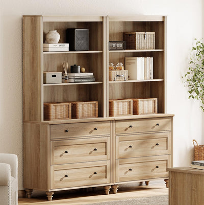 WAMPAT 3 Tier Bookshelf with 3 Drawers, 72" Tall Bookcase Large Farmhouse Display Book Case Shelf with 3-Tier Open Book Shelfs,Library Wood Bookshelves for Living Room,Kitchen, Oak(2PCS)