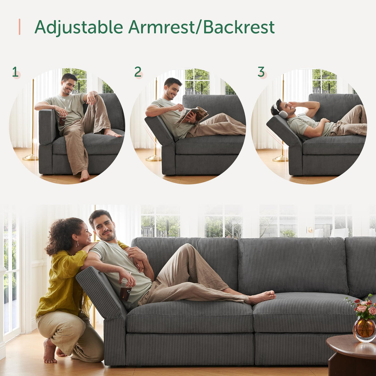 HONBAY Modular Sectional Couch with Storage Corduroy Sectional Sofa with Chaise U Shaped Sectional Couches for Living Room,Dark Grey HONBAY