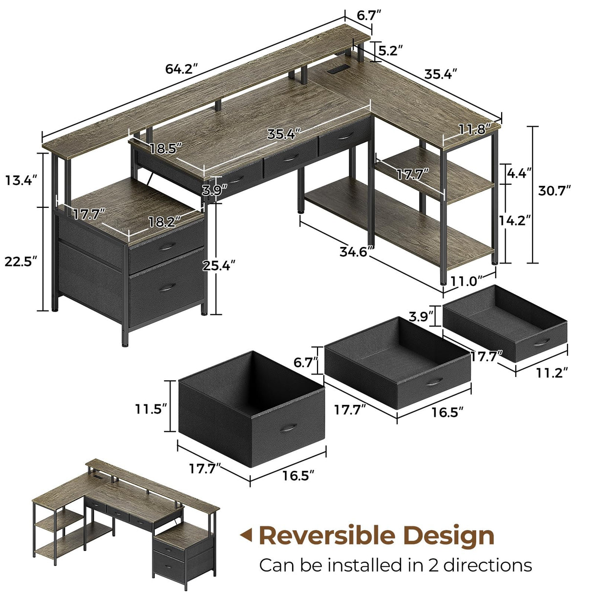 Seventable L Shaped Desk with File Drawers, 64" Home Office Desk with Power Outlet & LED Lights, Reversible Gaming Desk with Printer Storage Shelves, Corner Computer Desk with Monitor Stands, Grey Seventable