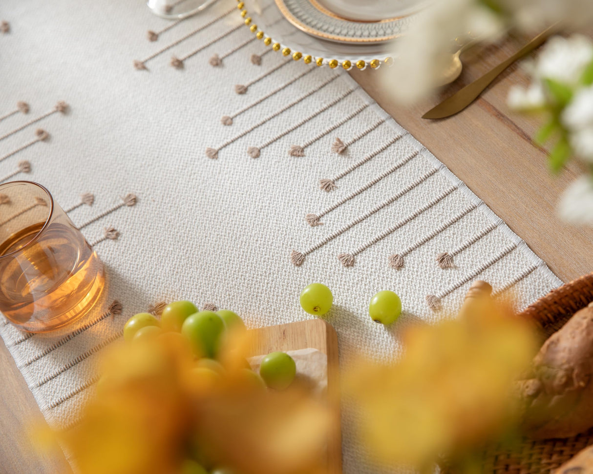 Boho Table Runner 13 x 90 Inch Long Natural Cotton Woven Runner with Tassels for Home Dining Table décor, for Modern Farmhouse Decor Coffee Table Runner, Taupe and Beige Caflife