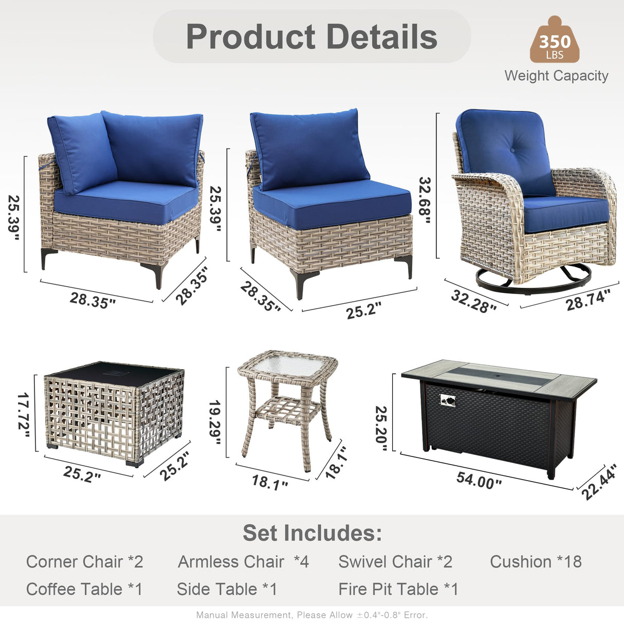 HOOOWOOO Outdoor Patio Furniture Set with Fire Pit Table,11 Pieces Wicker Out Door Sectional Furniture L Shaped Couch,Outside Patio Conversation Sets Swivel Chair,Navy Blue HOOOWOOO