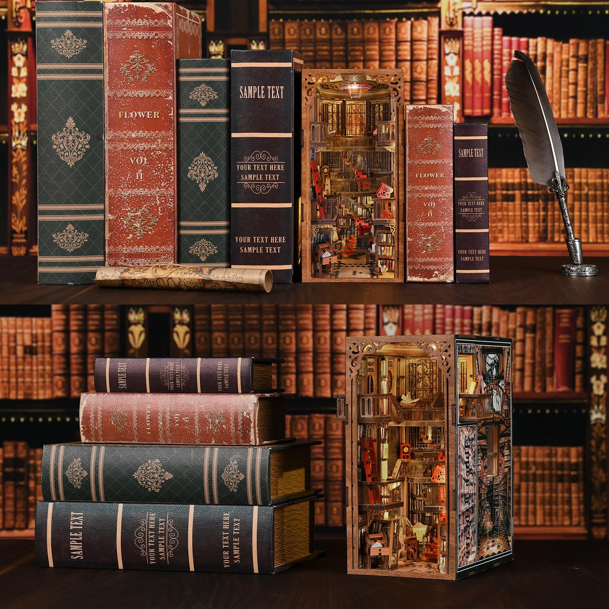 MiniCity Book Nook Kit, DIY Miniature Dollhouse Booknook Kit, 3D Wooden Puzzle Bookend Bookshelf Insert Decor with LED Light for Teens and Adults (Abbey Library) MiniCity