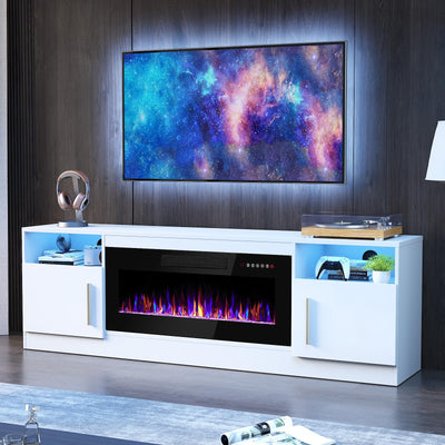 PRETZI Fireplace TV Stand with 36" Fireplace Up to 80" TVs,70" Entertainment Center with LED Lights,Remote Control,TV Media Console with Storage Cabinets for Living Room, White
