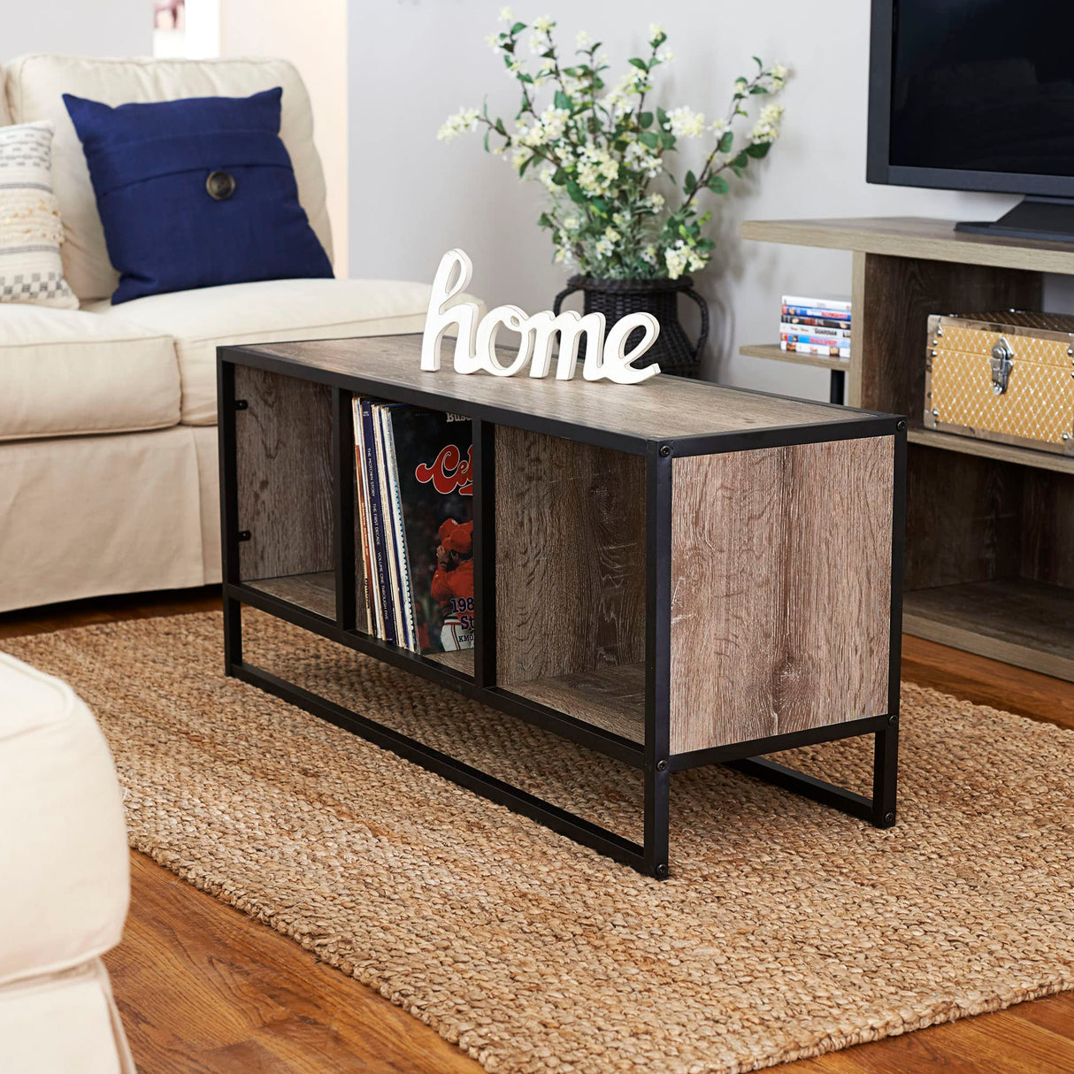 Household Essentials Jamestown TV Stand Coffee Table with Square Cube Storage Compartments Ashwood Rustic Wood Grain and Black Metal Household Essentials