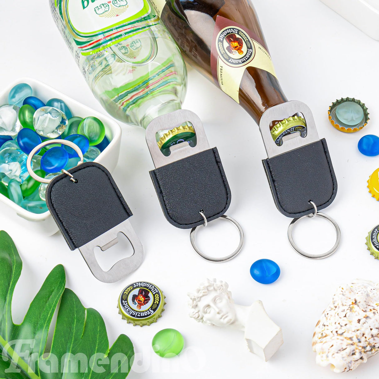 Framendino, 24 Pack Sublimation Leather Bottle Opener Keychain Stainless Steel Beer Openers Blanks for Wedding Party Favors Black Framendino