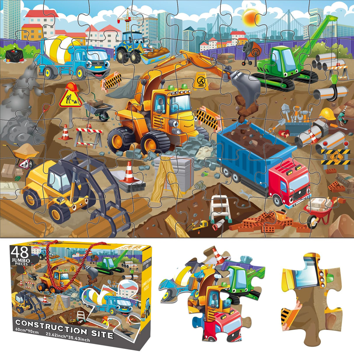 Jadeso 48 Pieces Jumbo Floor Puzzles for Kids ages 3-5, Puzzle for Kid Ages 4-6, Construction Site Jigsaw Large Puzzles, Children Learning Preschool Educational Toys, Great Gift for Kids 4-8 Years Old Jadeso
