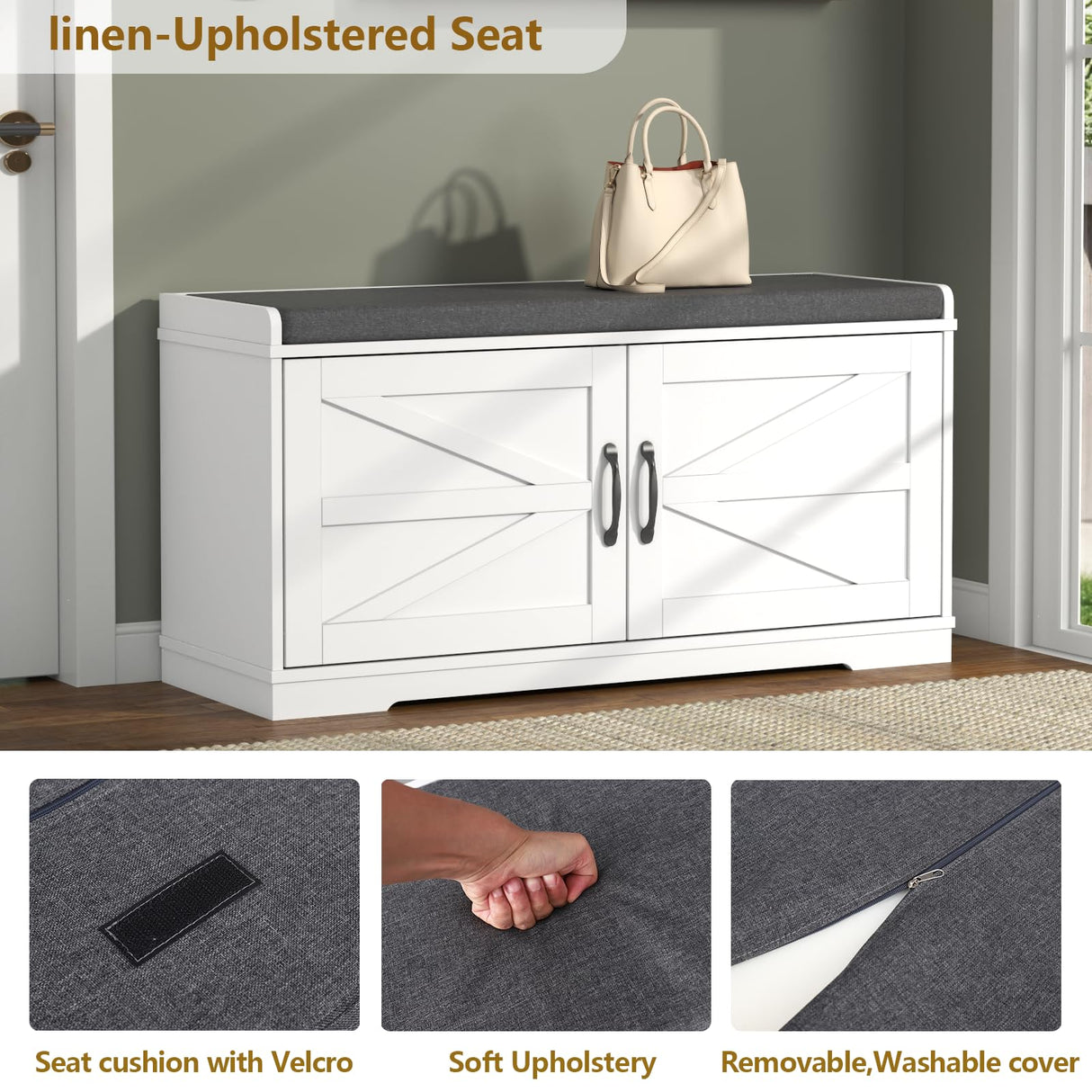 Loomie Shoe Storage Bench, Farmhouse Entryway Bench, 2-Tier Shoe Bench with Padded Seat Cushion, 13.78" D x 39.37" W x 19.69" H, Slim Shoe Cabinet Bench for Entryway, Living Room, Bedroom (White) Loomie