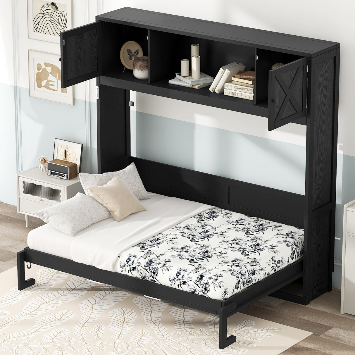 Full Size Murphy Bed Cabinet, Solid Wood Wall Bed with Storage, for Bedroom Guestroom Home Office, Black RuiSiSi
