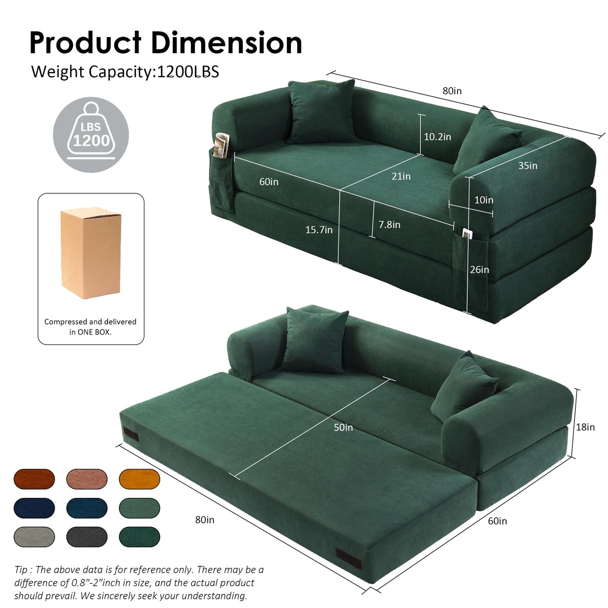 80" Convertible Sofa Bed, 3-in-1 Corduroy Folding Pull Out Couch with Pillows, No Assembly Modern Boneless Couch Compression Sofa in Box, Floor Sofa with Side Storage Pocket for Living Room,Dark Green Zyerch