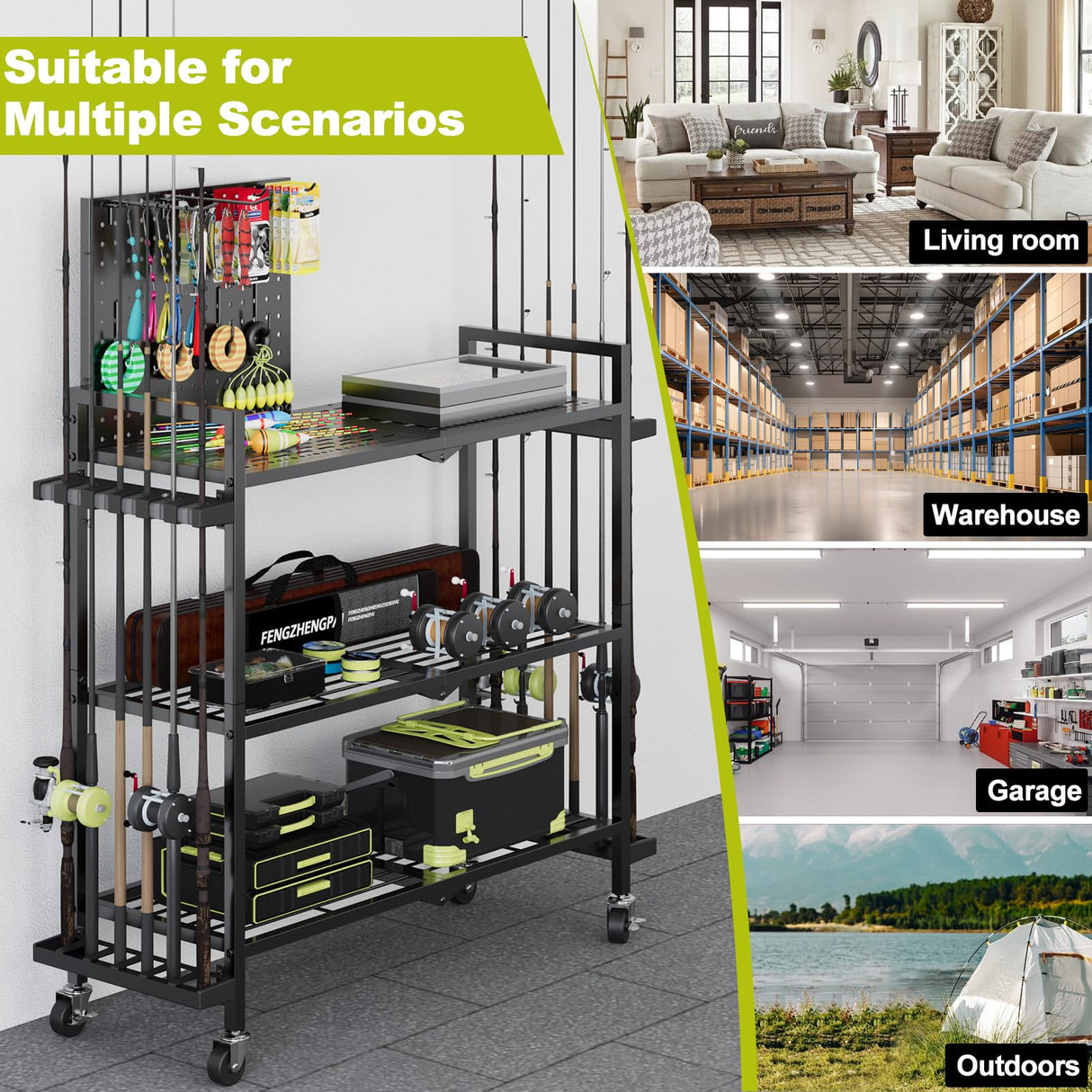 Fishing Rod Holders for Garage, Fishing Rod Stand with Wheels and Pegboard, 3-Tier Pole Storage Rack with 12 Rod Slots, Ideal for Tackle, Backpacks, and Gear Black SEEAHEAD