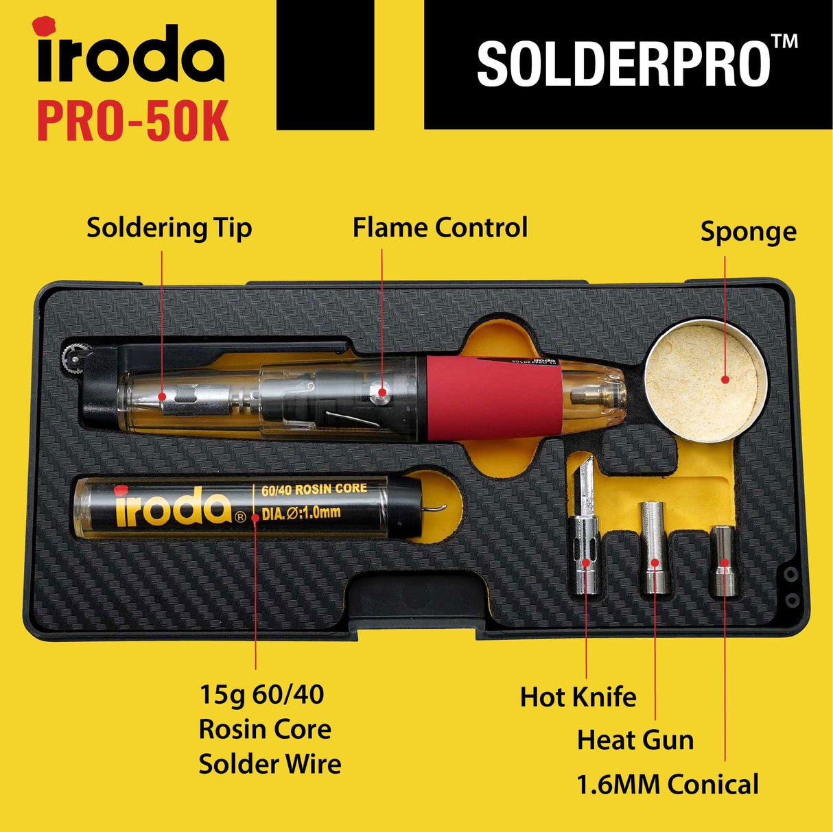 IRODA SOLDERPRO 50K Portable Butane Soldering Iron Kit | 4-in-1 Cordless Soldering Iron & Heat Gun | Rapid 18s Heat Up, 30-70W Power | Ideal for Electrical, DIY & Crafts Iroda