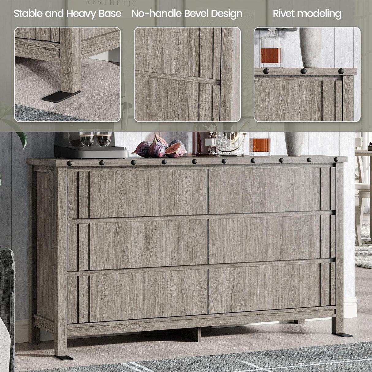 Maupvit Farmhouse 6 Drawers Dresser for Bedroom,55" Fluted Chest of Drawers with Storage Freestanding,Wooden Dresser TV Stand,Closet Clothes Storage Drawer Organizer for Living Room,Entryway,Hallway Maupvit