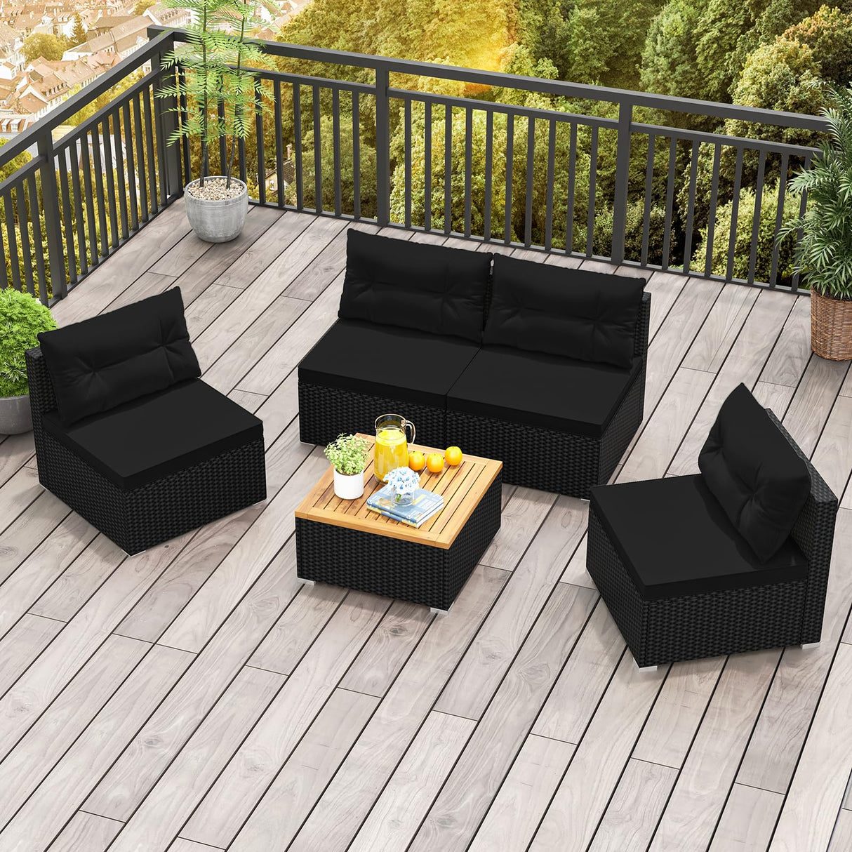 RELAX4LIFE 5-Piece Wicker Outdoor Furniture - PE Rattan Sectional Conversation Set w/4 Armless Sofas & Acacia Wood Coffee Table, Cushioned Patio Sofa Set for Garden Poolside Backyard Porch (Black) RELAX4LIFE