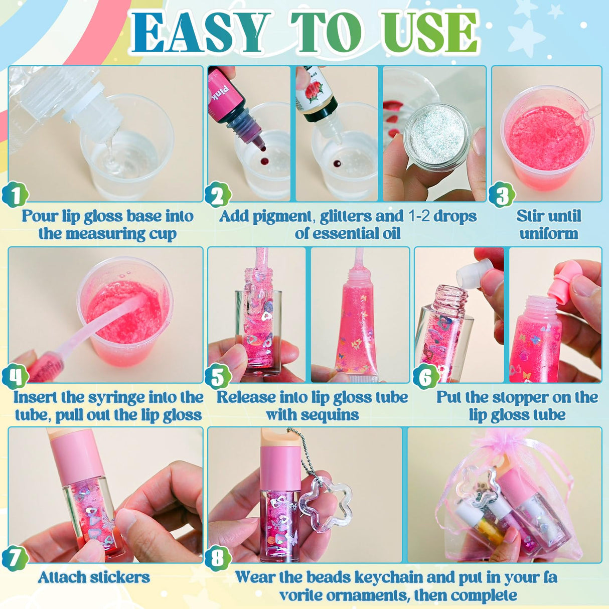 Make Your Own Lip Gloss Kit, JCOOS Lip Gloss Making Kit, 94PCS Fun Keychain DIY Lipgloss Sets for Girls, Flavored Moisturizing Glitter Lip Kit, Kids Lip Gloss, Tween Girls Trendy Stuff Christmas Gifts Jcoos