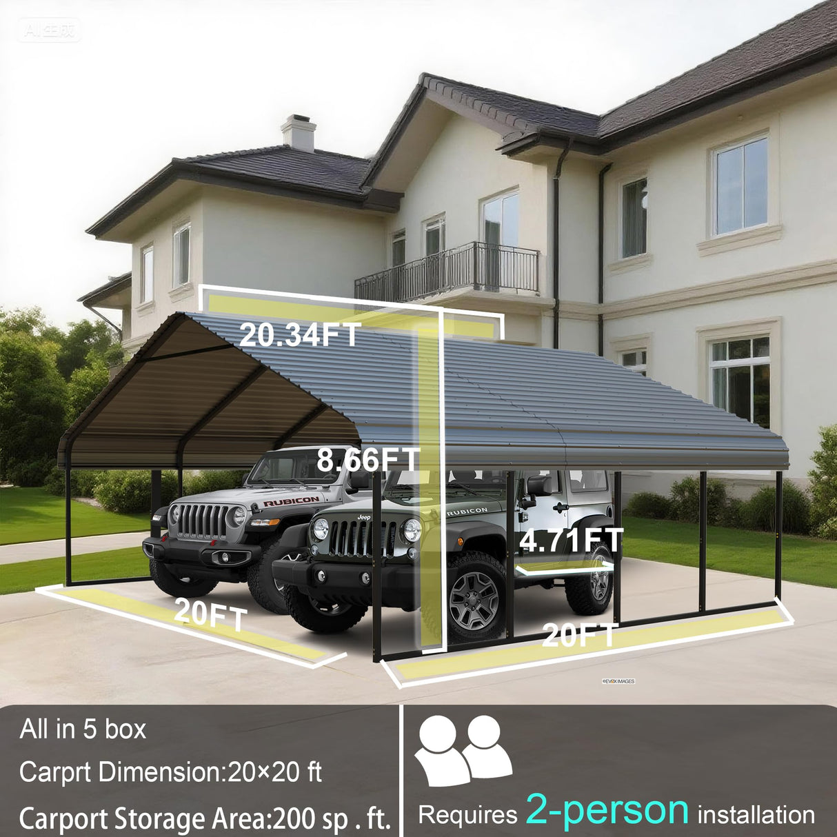 RITERYIFER RV Metal Carport Canopy 20x20 FT Heavy Duty Black Carports Kits for Garage,Aluminum Car Ports 20 FT with Steel Shelter Frame Cover for 2 Car or Boats RITERYIFER