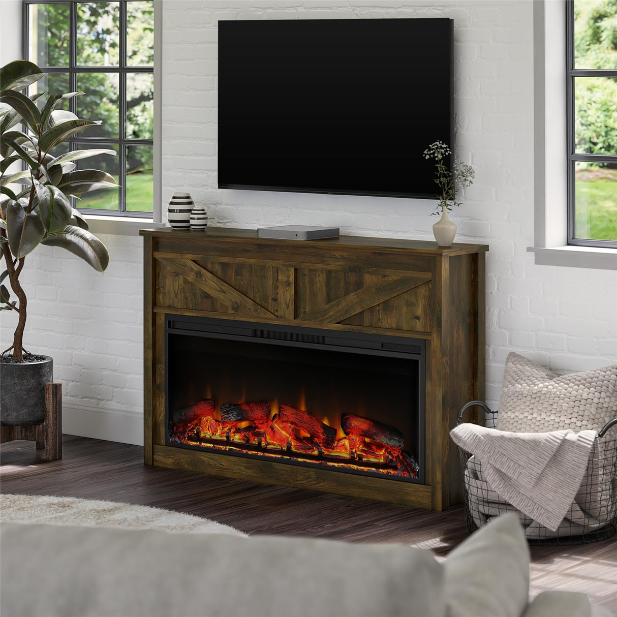 Ameriwood Home Farmington Wide Modern Farmhouse Mantel with Electric Fireplace, 49", Century Barn Pine Ameriwood Home
