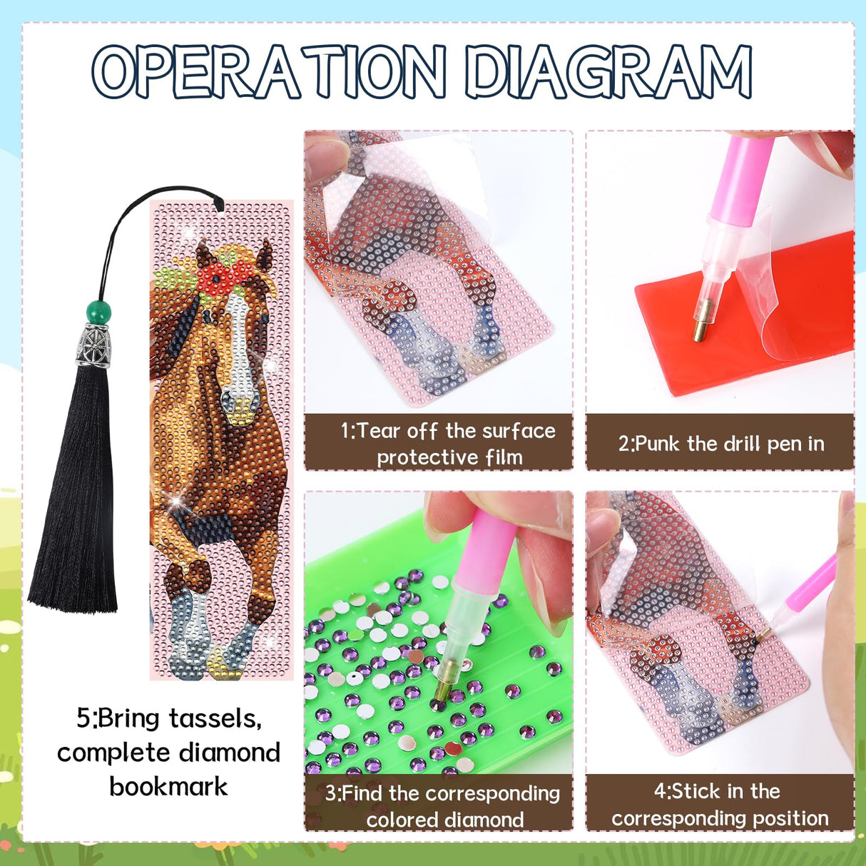 Sitsink Diamond Horse Art Kits - 6 Pc Diamond Painting Bookmarks with Tassels, Acrylic Book Markers for Adults, Horse Lover Gifts Sitsink