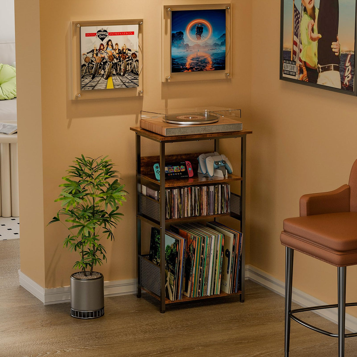 Huxitocan 4-Tier Record Player Stand with Storage for 100 Vinyl Records and 40 CDs, Turntables Holder for Living Room, Bedroom, Office Huxitocan