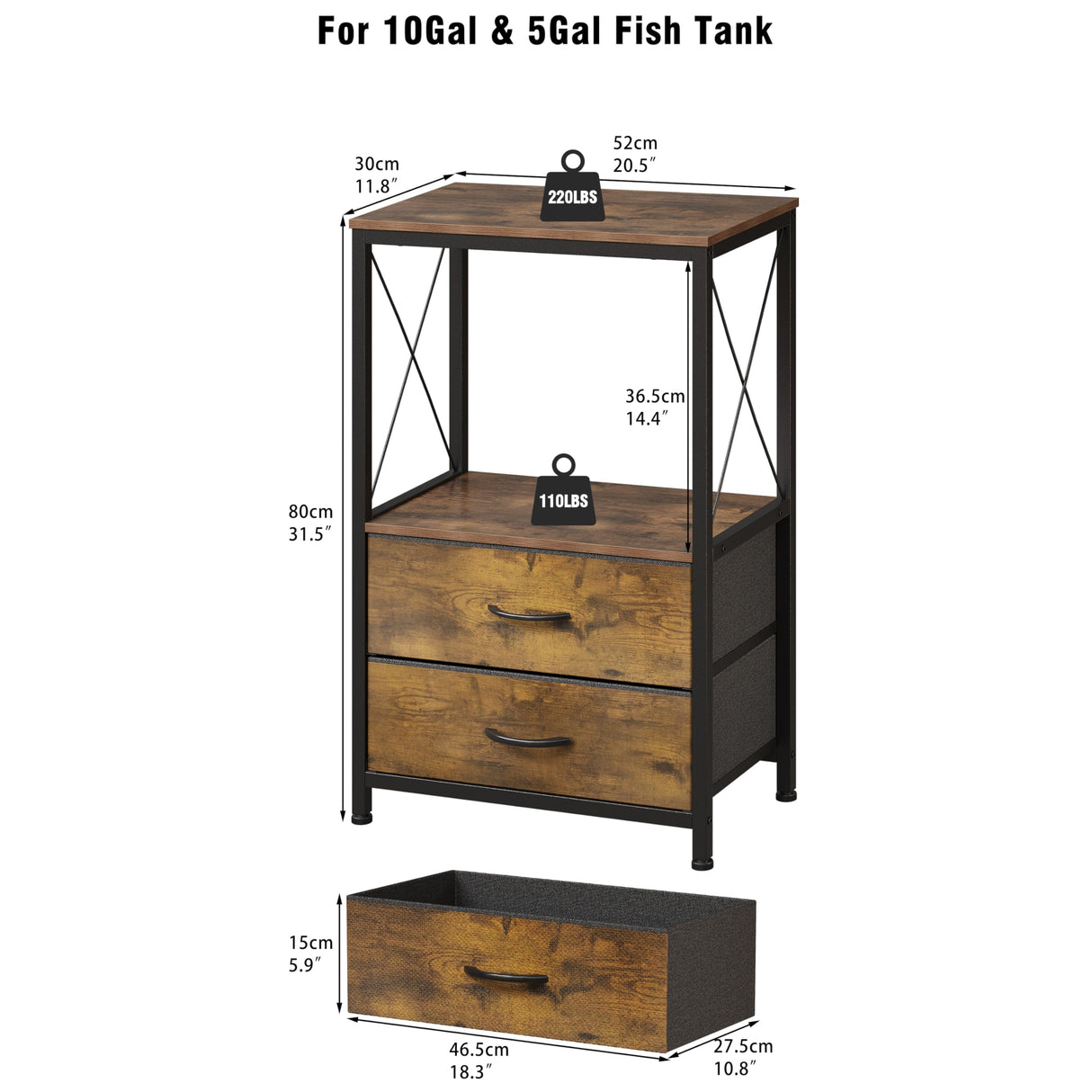 Welfuturer 10 Gallon Aquarium Stand with 2-Tier Shelf Fish Tanks Stand with 2 Drawers Metal Frame Heavy Duty Reptile TurtleTank Stand with Storage for Home Offic Fish Tank Accessories Storage, Brown Welfuturer