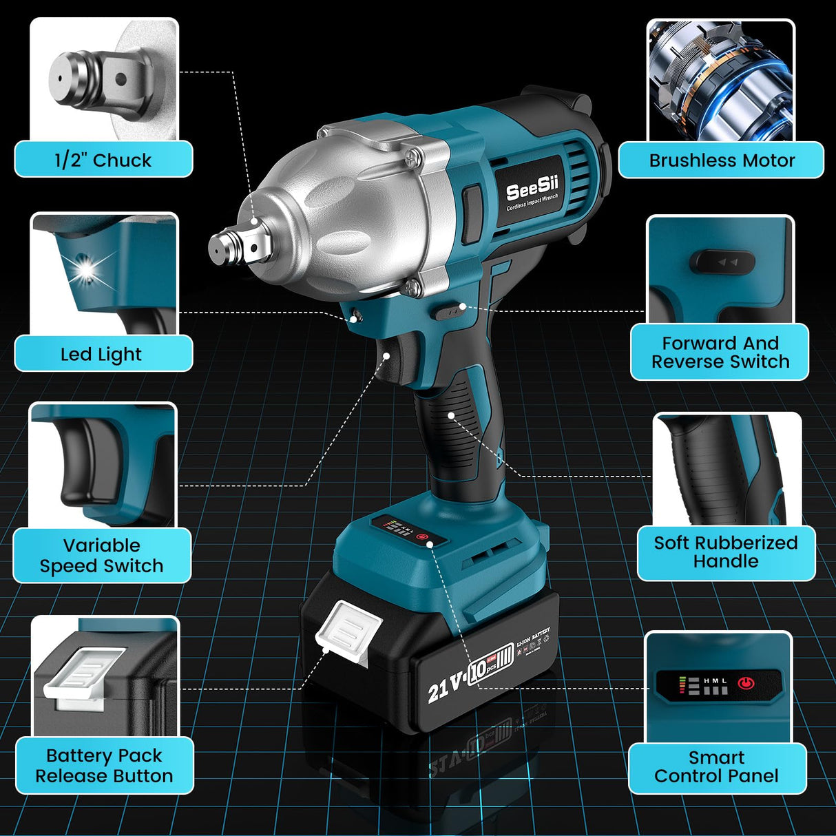 Seesii Cordless Electric Impact Wrench 1/2 inch for Car Home, 665Ft-lbs(900N.m) Brushless, 3300RPM High Torque Gun w/ 2x 4.0Ah Battery,Charger & 6 Sockets, WH710 Seesii