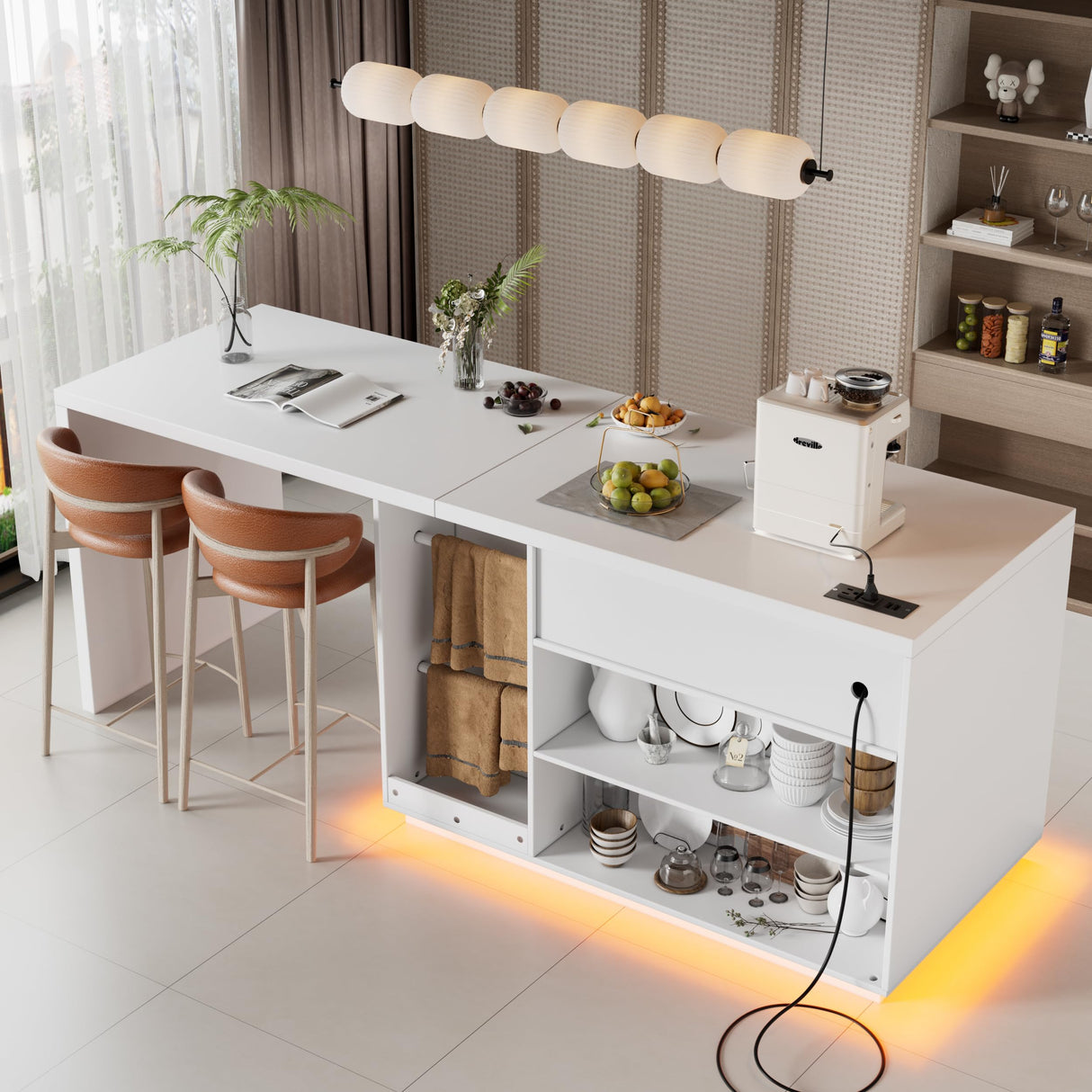 PAKASEPT Kitchen Island with Stationary Dining Table, 78.7" Storage Islands with LED Light, 4 Drawers, Open Shelves, 1 Cabinet, Power Outlet, Breakfast Bar Counter - Kitchen Table Coffee Bar PAKASEPT